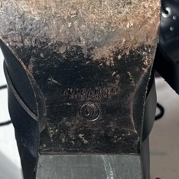 **SOLD**AllSaints Black Leather Lace-Up Ankle Boots Studded Buckle Moto Booties - Picture 8 of 8